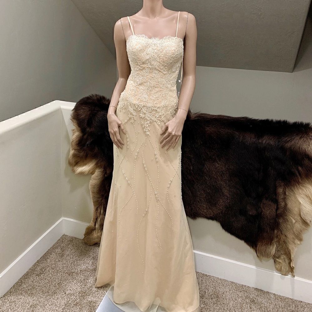 Custom Sample Embroidered Floral Lace, Crystal Beads & Pearls Gown with Shawl